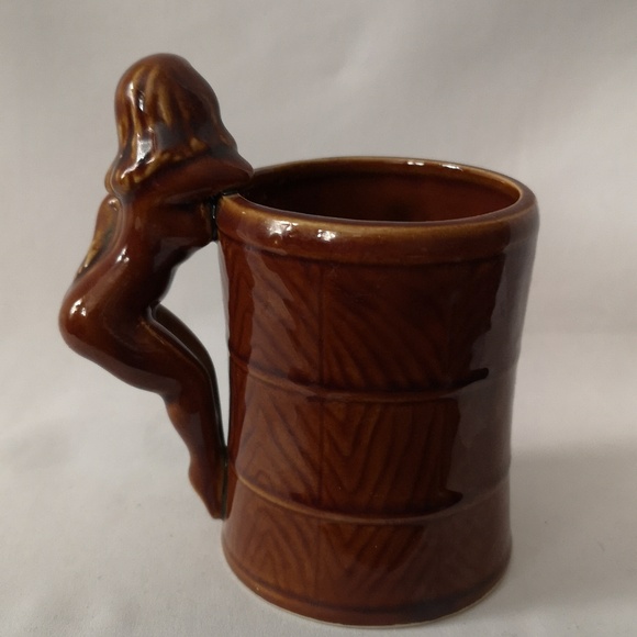 Vintage Ceramic Risque Mug w Handle and Design on One Side, Brown Glaze Japan - Picture 4 of 5